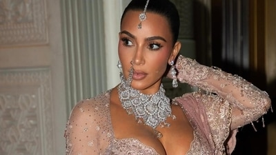 Kim Kardashian wore a blinding diamond necklace at the Ambani wedding. Kim Kardashian wore a blinding diamond necklace at the Ambani wedding.