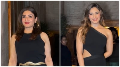 Raveena Tandon and Rasha Thadani clicked by the paparazzi at the latter's birthday bash. Raveena Tandon and Rasha Thadani clicked by the paparazzi at the latter's birthday bash.