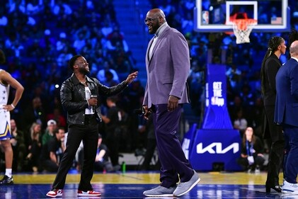 Kevin Hart jokes with Shaq's OGs head coach Shaquille O'Neal at the NBA All-Star basketball game in San Francisco, on Sunday, Feb. 16, 2025. (Jose Carlos Fajardo/Bay Area News Group via AP) (AP) Kevin Hart jokes with Shaq's OGs head coach Shaquille O'Neal at the NBA All-Star basketball game in San Francisco, on Sunday, Feb. 16, 2025. (Jose Carlos Fajardo/Bay Area News Group via AP) (AP)