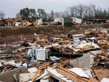 A view of the damage in Harmony Hills trailer park on March 15, 2025 in Poplar Bluff, Missouri. (Getty Images via AFP)