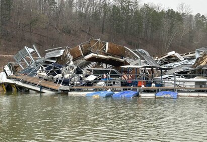 This handout image released by the Missouri State Highway Patrol on March 15, 2025 shows a damaged marina on Clearwater Lake, near Piedmont, Missouri, after severe storms hit the area. (AFP)