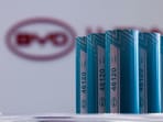 BYD's large cylindrical cell batteries are pictured at Smart Energy Week showcasing technologies and information in the energy industry, in Tokyo, Japan February 19, 2025.