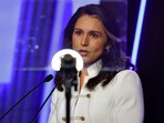U.S. Director of National Intelligence Tulsi Gabbard addresses a gathering during Raisina Dialogue in New Delhi, India, March 18, 2025.