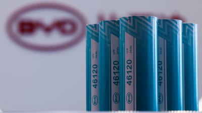 BYD's large cylindrical cell batteries are pictured at Smart Energy Week showcasing technologies and information in the energy industry, in Tokyo, Japan February 19, 2025. (Kim Kyung-Hoon/Reuters)