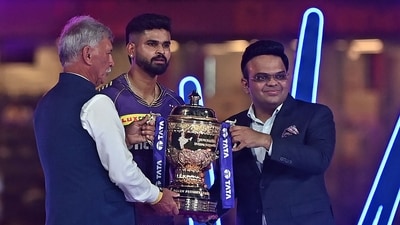 Roger Binny (L), president of the Board of Control for Cricket in India (BCCI) along with Jay Shah (R), secretary of the BCCI, presents the IPL trophy to Kolkata Knight Riders' captain Shreyas Iyer (AFP) Roger Binny (L), president of the Board of Control for Cricket in India (BCCI) along with Jay Shah (R), secretary of the BCCI, presents the IPL trophy to Kolkata Knight Riders' captain Shreyas Iyer (AFP)