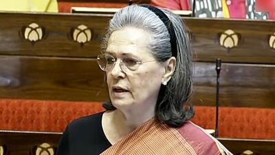 Congress Parliamentary Party chairperson Sonia Gandhi speaks in the Rajya Sabha during the Budget Session of Parliament, in New Delhi on Tuesday. (Sansad TV)