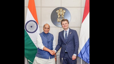 Defence Minister Rajnath Singh meets Netherlands Defence Minister Ruben Berkelmans, in New Delhi on Tuesday. (ANI PHOTO) Defence Minister Rajnath Singh meets Netherlands Defence Minister Ruben Berkelmans, in New Delhi on Tuesday. (ANI PHOTO)