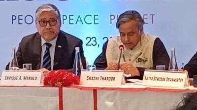 Filipino foreign minister Enrique Manalo (left) with Congress MP Shashi Tharoor at a FICCI event on Monday. (Photo from X) Filipino foreign minister Enrique Manalo (left) with Congress MP Shashi Tharoor at a FICCI event on Monday. (Photo from X)