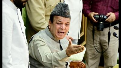 Jammu and Kashmir assembly speaker Abdul Rahim Rather conducts the proceedings in Jammu on Tuesday. (ANI)