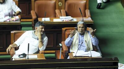 Karnataka chief minister Siddaramaiah and deputy CM D K Shivakumar during the assembly budget session in Bengaluru. (PTI) Karnataka chief minister Siddaramaiah and deputy CM D K Shivakumar during the assembly budget session in Bengaluru. (PTI)