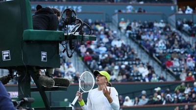 Iga Swiatek shows her frustration to the umpire during her three set defeat against Mirra Andreeva in their Semifinal match during BNP Paribas Open (Getty Images via AFP) Iga Swiatek shows her frustration to the umpire during her three set defeat against Mirra Andreeva in their Semifinal match during BNP Paribas Open (Getty Images via AFP)