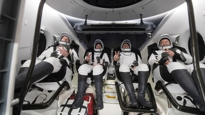 Astronauts Thomas Pesquet, Megan McArthur, Shane Kimbrough, and Aki Hoshide (L-R) returned to Earth on November 8, 2021 on SpaceX's Dragon spacecraft. (NASA) Astronauts Thomas Pesquet, Megan McArthur, Shane Kimbrough, and Aki Hoshide (L-R) returned to Earth on November 8, 2021 on SpaceX's Dragon spacecraft. (NASA)