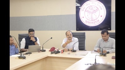 PMC and Jalkal officials addressing media persons in Prayagraj on Tuesday. (HT )