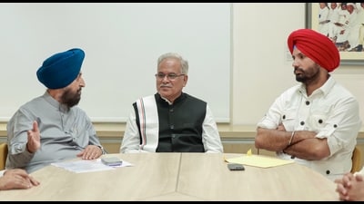 Punjab Congress in-charge and general secretary Bhupesh Baghel, state Congress president Amarinder Singh Raja Warring, state assembly LoP Pratap Singh Bajwa at AICC headquarters in New Delhi on Tuesday. (ANI) Punjab Congress in-charge and general secretary Bhupesh Baghel, state Congress president Amarinder Singh Raja Warring, state assembly LoP Pratap Singh Bajwa at AICC headquarters in New Delhi on Tuesday. (ANI)