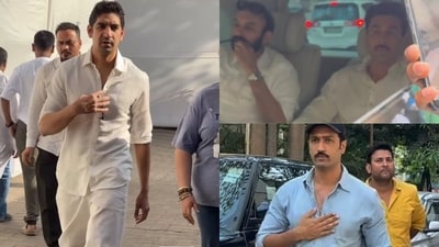 Ranbir Kapoor and Vicky Kaushal at Ayan Mukerji's father Deb Mukherjee's prayer meet. (Instagram: Snehkumar Zala) Ranbir Kapoor and Vicky Kaushal at Ayan Mukerji's father Deb Mukherjee's prayer meet. (Instagram: Snehkumar Zala)
