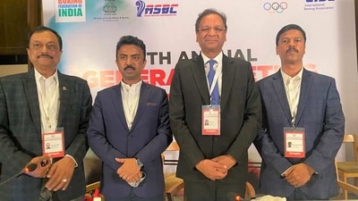 (From left) BFI Treasurer Digbijay Singh, Marketing Commission Head Debojo Maharshi, President Ajay Singh and Secretary General Hemanta Kumar Kalita. (HT Sports) (From left) BFI Treasurer Digbijay Singh, Marketing Commission Head Debojo Maharshi, President Ajay Singh and Secretary General Hemanta Kumar Kalita. (HT Sports)