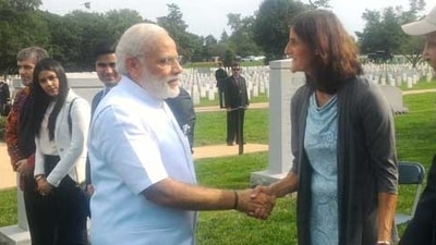 Prime Minister Narendra Modi meets NASA astronaut Sunita Williams at the Arlington National Cemetery in Washington. (File image) Prime Minister Narendra Modi meets NASA astronaut Sunita Williams at the Arlington National Cemetery in Washington. (File image)