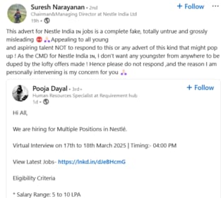 Nestle India MD Suresh Narayanan reacts to a LinkedIn post. (Screengrab (LinkedIn)) Nestle India MD Suresh Narayanan reacts to a LinkedIn post. (Screengrab (LinkedIn))