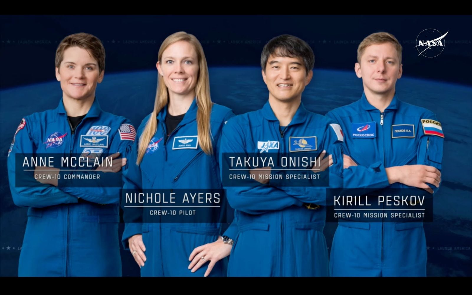 NASA astronauts Anne McClain and Nichole Ayers, Japanese astronaut Takuya Onishi and Russian cosmonaut Kirill Peskov. (NASA) NASA astronauts Anne McClain and Nichole Ayers, Japanese astronaut Takuya Onishi and Russian cosmonaut Kirill Peskov. (NASA)