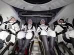 This image taken from video released by SpaceX shows, from left, NASA's Butch Wilmore, Russia’s Alexander Gorbunov, NASA’s Nick Hague, and NASA's Suni Williams wait to exit the SpaceX capsule after splashing down, Tuesday, March 18, 2025. This image taken from video released by SpaceX shows, from left, NASA's Butch Wilmore, Russia’s Alexander Gorbunov, NASA’s Nick Hague, and NASA's Suni Williams wait to exit the SpaceX capsule after splashing down, Tuesday, March 18, 2025.