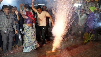 In Sunita Williams' ancestral village Jhulasan in the Mehsana district of Gujarat, people burst fire crackers and danced to celebrate her return back to Earth. (AP)