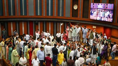 Councillors confront one another in the MCD budget meeting on Wednesday. (Sanchit Khanna/HT Photo) Councillors confront one another in the MCD budget meeting on Wednesday. (Sanchit Khanna/HT Photo)