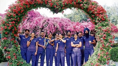 (Left to Right) Indian hockey national team players Hardik Singh, Salima Tete, Manpreet Singh, Jyoti Rumavat, Vaishnavi Phalke, Sushila Chanu, Jugraj Singh, Deepika Kumari, Harmanpreet Singh, and Jarmanpreet Singh. (Photo: Manoj Verma/HT) (Left to Right) Indian hockey national team players Hardik Singh, Salima Tete, Manpreet Singh, Jyoti Rumavat, Vaishnavi Phalke, Sushila Chanu, Jugraj Singh, Deepika Kumari, Harmanpreet Singh, and Jarmanpreet Singh. (Photo: Manoj Verma/HT)
