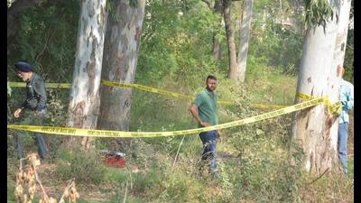 Forensic team members inspect the encounter site near Majitha Verka bypass in Amritsar on Wednesday. (Sameer Sehgal/HT)