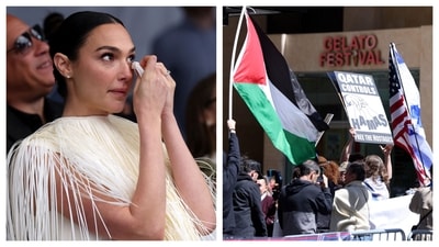 Gal Gadot gets emotional during her Walk of Fame ceremony; Pro-Palestine and Pro-Israel protestors outside the venue. Gal Gadot gets emotional during her Walk of Fame ceremony; Pro-Palestine and Pro-Israel protestors outside the venue.