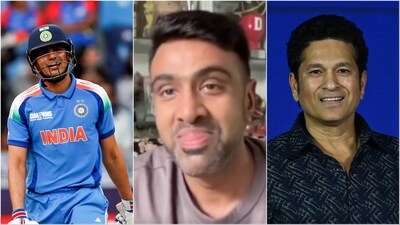 Ashwin (c) namedrops Shubman Gill (L) right after Sachin Tendulkar's name is mentioned (Files/X) Ashwin (c) namedrops Shubman Gill (L) right after Sachin Tendulkar's name is mentioned (Files/X)