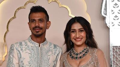 Mumbai, India - July 12, 2024: Indian cricketer Yuzvendra Chahal and his wife attending the Wedding ceremony of Anant Ambani and Radhika Merchant at the Jio World Convention Centre in Mumbai, India, on Friday, July 12, 2024. (Photo by Raju Shinde/HT Photo) Mumbai, India - July 12, 2024: Indian cricketer Yuzvendra Chahal and his wife attending the Wedding ceremony of Anant Ambani and Radhika Merchant at the Jio World Convention Centre in Mumbai, India, on Friday, July 12, 2024. (Photo by Raju Shinde/HT Photo)