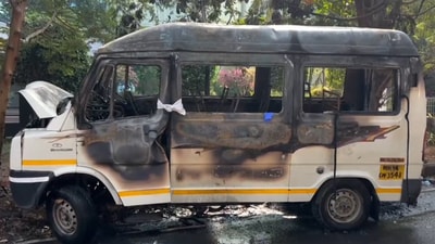 Charred remains of a tempo traveller that caught fire while it was ferrying some employees of a company to their office, at Hinjewadi, near Pune, Wednesday, March 19, 2025. (PTI) Charred remains of a tempo traveller that caught fire while it was ferrying some employees of a company to their office, at Hinjewadi, near Pune, Wednesday, March 19, 2025. (PTI)