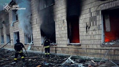In this photo provided by the Ukrainian Emergency Service on Wednesday, March 19, 2025, firefighters work on a site of a Russian attack in Krasnopillia, Sumy region, Ukraine. (AP) In this photo provided by the Ukrainian Emergency Service on Wednesday, March 19, 2025, firefighters work on a site of a Russian attack in Krasnopillia, Sumy region, Ukraine. (AP)