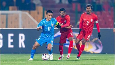 Suni Chhetri in action against Maldives on Wednesday. (Shibu Preman/AIFF) Suni Chhetri in action against Maldives on Wednesday. (Shibu Preman/AIFF)