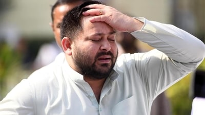 Leader of Opposition Tejashwi Yadav speaking with media persons during Budget Session outside of Bihar Assembly in Patna, Bihar, India, Monday,17, 2025. (Santosh Kumar/ Hindustan Times)