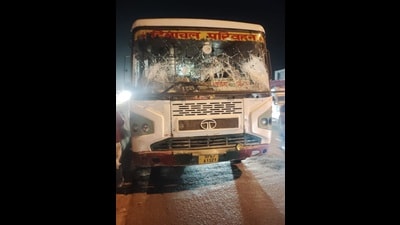 Vandalised a bus of the Himachal Road Transport Corporation (HRTC) on the Kharar flyover on Tuesday. (HT) Vandalised a bus of the Himachal Road Transport Corporation (HRTC) on the Kharar flyover on Tuesday. (HT)