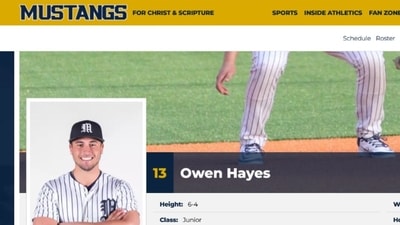 Shortly before the news of the drunken bar clash made waves, The Master's University website appeared to have removed Owen Hayes' baseball profile. (Mustangs / The Master's University in Santa Clarita) Shortly before the news of the drunken bar clash made waves, The Master's University website appeared to have removed Owen Hayes' baseball profile. (Mustangs / The Master's University in Santa Clarita)