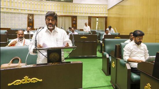 Telangana Deputy Chief Minister and Finance Minister Bhatti Vikramarka presents the State Budget for 2025-26 in the state Assembly, in Hyderabad, on Wednesday. (PTI)