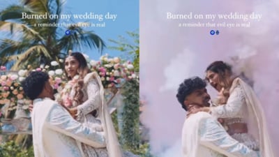 A colour bomb injured a bride during a wedding shoot in Bengaluru (Instagram/@viaparadise) A colour bomb injured a bride during a wedding shoot in Bengaluru (Instagram/@viaparadise)
