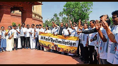 DMK MPs stage a protest on the issue of delimitation, at Parliament House premises in New Delhi on Thursday. (ANI PHOTO) DMK MPs stage a protest on the issue of delimitation, at Parliament House premises in New Delhi on Thursday. (ANI PHOTO)