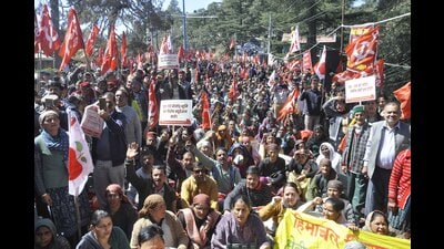 Himachal Kisan Sabha and Seb Utpadak Sangh stage a protest at Chaura Medan, Shimla, on Thursday. (Deepak Sansta/ HT) Himachal Kisan Sabha and Seb Utpadak Sangh stage a protest at Chaura Medan, Shimla, on Thursday. (Deepak Sansta/ HT)