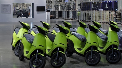 Ola Electric's S1 Air e-scooters are pictured inside its manufacturing facility in Pochampalli in the southern state of Tamil Nadu, August 15, 2023. (REUTERS)