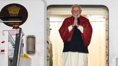 **EDS: IMAGE VIA PMO** New Delhi: Prime Minister Narendra Modi, after his visit to Kuwait, arrives at the airport in New Delhi, Sunday, Dec. 22, 2024. (PTI Photo) (PTI12_23_2024_000025B) (PTI) **EDS: IMAGE VIA PMO** New Delhi: Prime Minister Narendra Modi, after his visit to Kuwait, arrives at the airport in New Delhi, Sunday, Dec. 22, 2024. (PTI Photo) (PTI12_23_2024_000025B) (PTI)