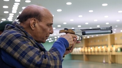 Defence Minister Rajnath Singh at the Vijay Shooting Range in Mhow of Indore district. (PTI) Defence Minister Rajnath Singh at the Vijay Shooting Range in Mhow of Indore district. (PTI)