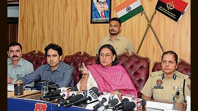 Punjab state women’s commission chairperson Raj Lali Gill, along with Special DGP of community affairs division and women affairs Gurpreet Kaur Deo, listened to women’s grievances during a Lok Adalat held at the Police Lines in Ludhiana on Thursday, March 20, 2025. (Gurpreet Singh/Hindustan Times)