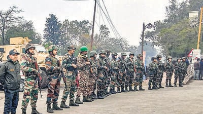 Security personnel stand guard following the imposition of President's rule in Manipur in February 2025. (PTI) Security personnel stand guard following the imposition of President's rule in Manipur in February 2025. (PTI)