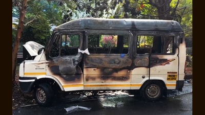 Bus owned by Vyoma Graphics caught fire while transporting 14 employees to work. (Image source: PTI) Bus owned by Vyoma Graphics caught fire while transporting 14 employees to work. (Image source: PTI)