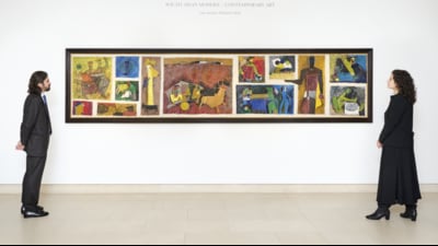 The 14 feet long oil on canvas, Untitled (Gram Yatra), was completed in 1954. (X) The 14 feet long oil on canvas, Untitled (Gram Yatra), was completed in 1954. (X)