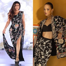 (L to R) Celebrity stylist Anaita Shroff Adajania in a Gara embroidered saree gown by Parsi Fashion designer Ashdeen Z Lilaowala and a model dons a Gara embroidered pantsuit by heritage revivalist label Patine (Photos: Instagram) (L to R) Celebrity stylist Anaita Shroff Adajania in a Gara embroidered saree gown by Parsi Fashion designer Ashdeen Z Lilaowala and a model dons a Gara embroidered pantsuit by heritage revivalist label Patine (Photos: Instagram)