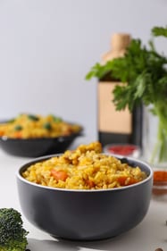 A creamy Dhansak risotto with succulent lamb piece A creamy Dhansak risotto with succulent lamb piece
